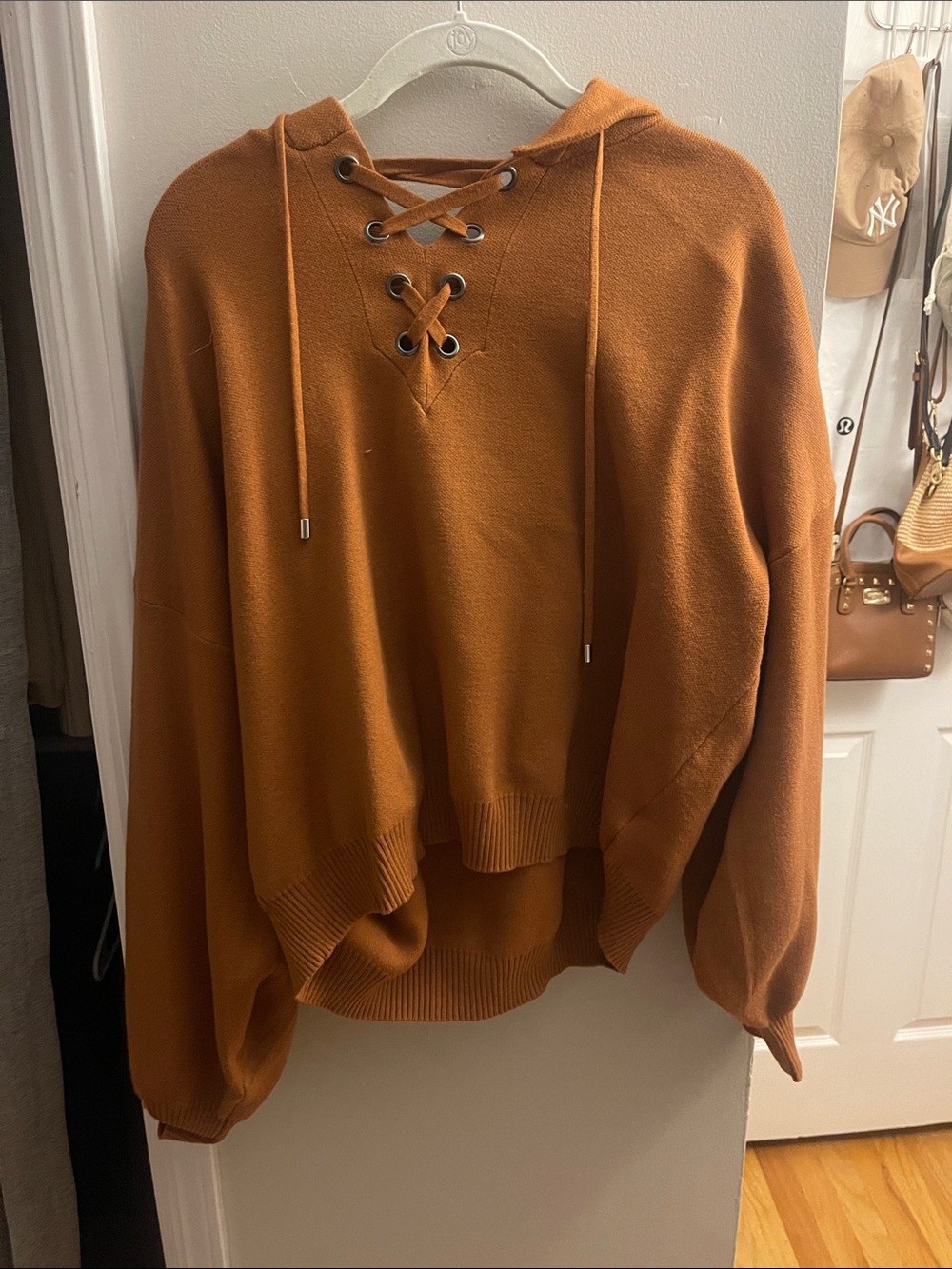 Philosophy Lace-Up Hooded V-Neck Sweater - Rust Orange